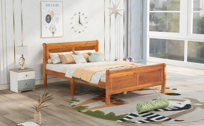 Platform bed frame with sleigh headboard and footboard in warm wood finish with slat support on Tampa Home & Garden Store