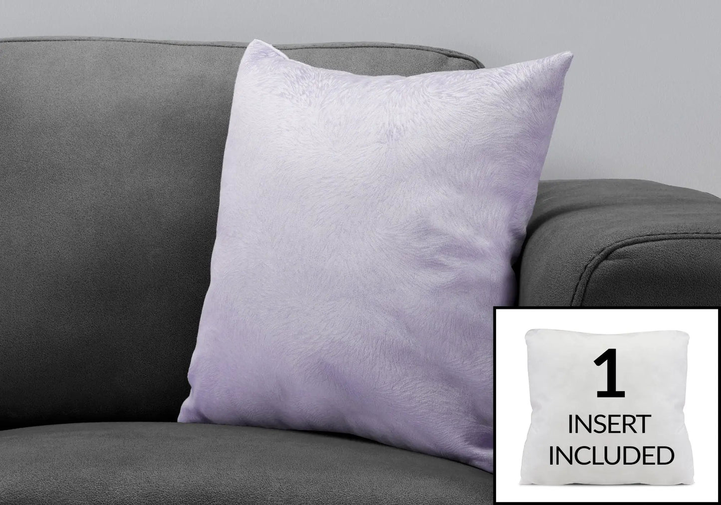 Purple square decorative throw pillow with lavender fabric; insert included on a grey sofa on Tampa Home & Garden Store