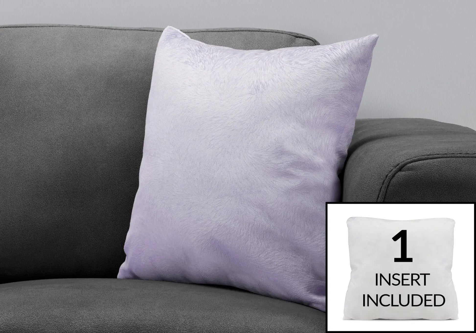 Purple square decorative throw pillow with lavender fabric; insert included on a grey sofa on Tampa Home & Garden Store