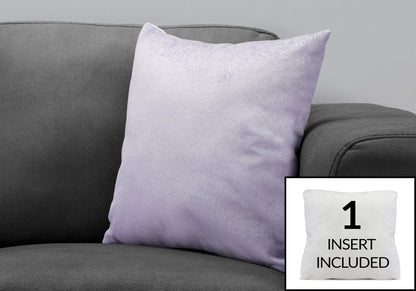 Purple square decorative throw pillow with lavender fabric; insert included on a grey sofa on Tampa Home & Garden Store