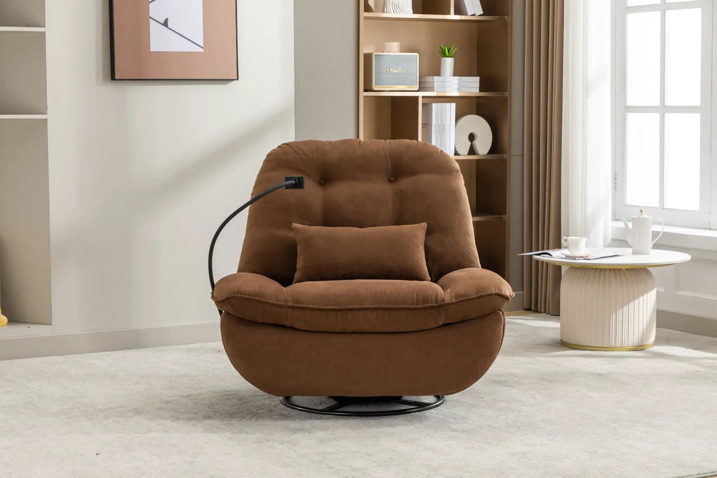 Power recliner swivel glider chair in brown plush fabric with USB charger on Tampa Home & Garden Store