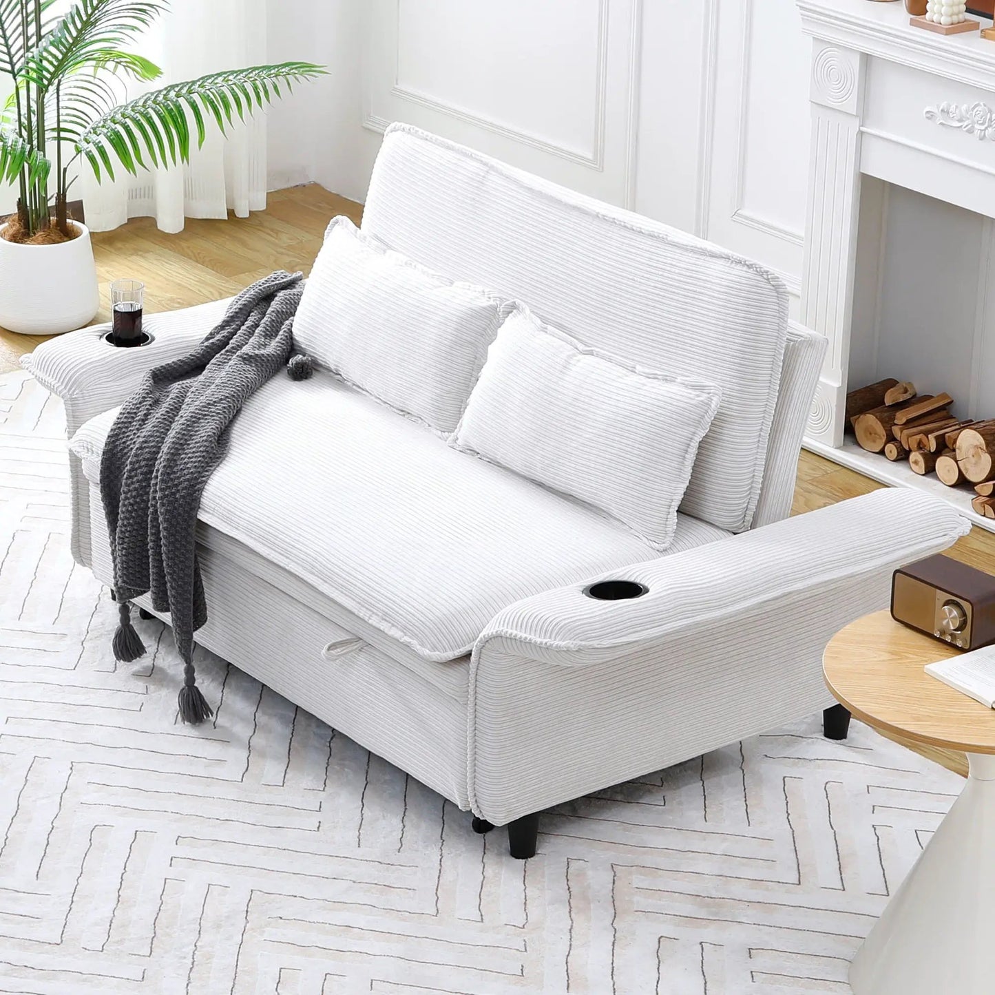 Modern fabric sleeper sofa with adjustable armrests and backrests in light gray striped upholstery on Tampa Home & Garden Store