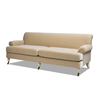 Alana Lawson Two Cushion Tightback Sofa beige fabric with rolled arms on Tampa Home & Garden Store