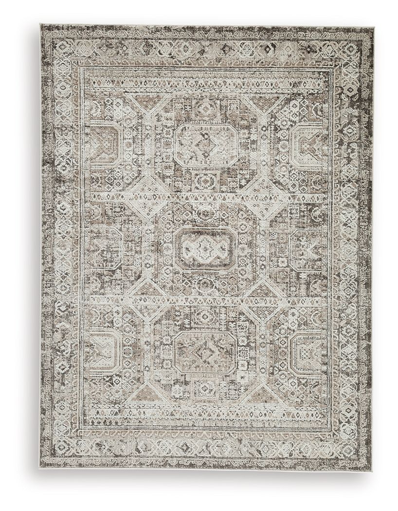 Junley rug, antique beige-gray area rug with intricate medallion borders on Tampa Home & Garden Store