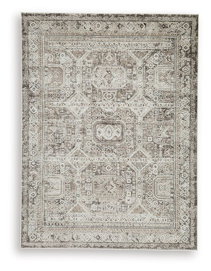 Junley rug, antique beige-gray area rug with intricate medallion borders on Tampa Home & Garden Store