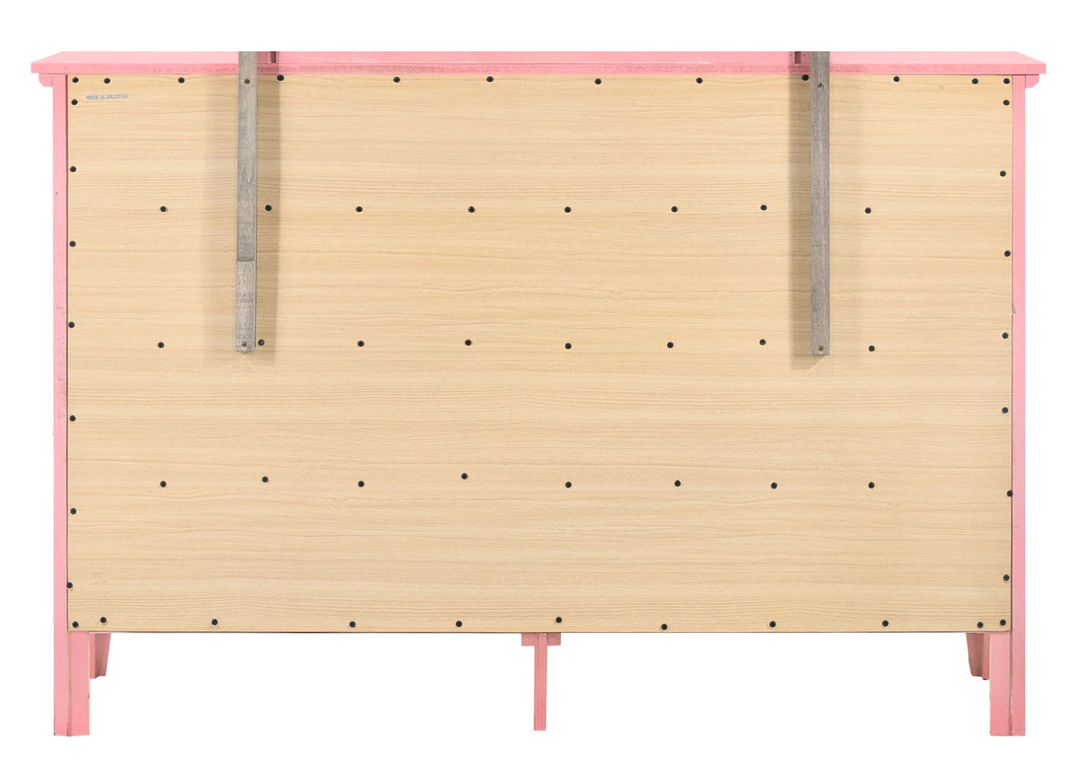 HouseOfZazla Elegant Casual Dresser back view pink frame with wood panels and metal supports on Tampa Home & Garden Store