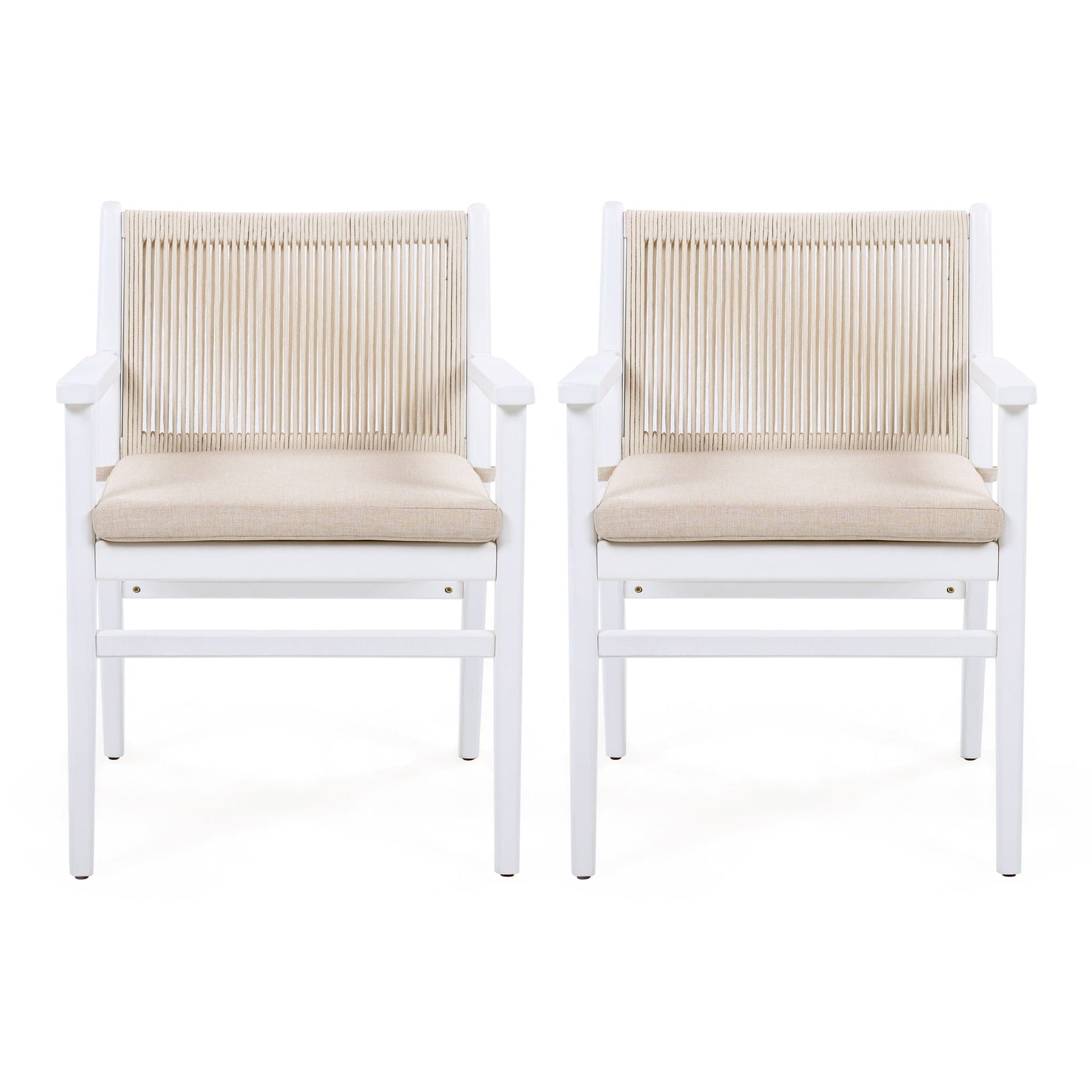 Outdoor Acacia Wood Patio Dining Armchair set of 2 HouseOfZazla beige woven back white frame on Tampa Home & Garden Store