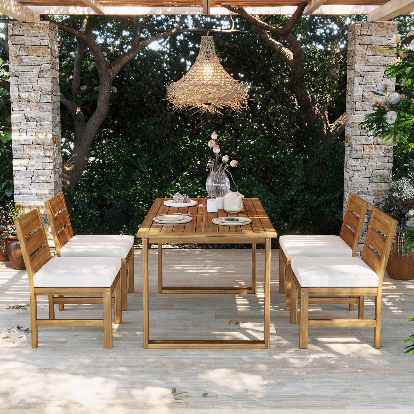 U_STYLE Farmhouse 5-Piece Patio Dining Set in natural wood with white cushions around table on Tampa Home & Garden Store