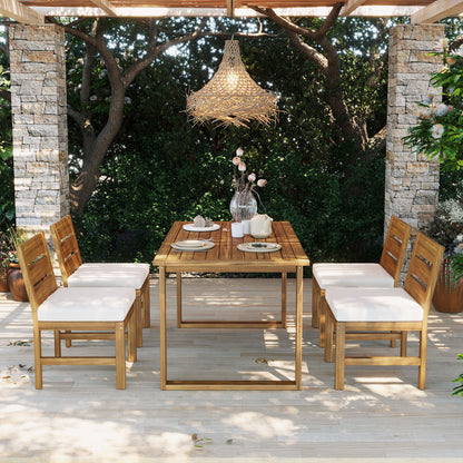 U_STYLE Farmhouse 5-Piece Patio Dining Set in natural wood with white cushions around table on Tampa Home & Garden Store