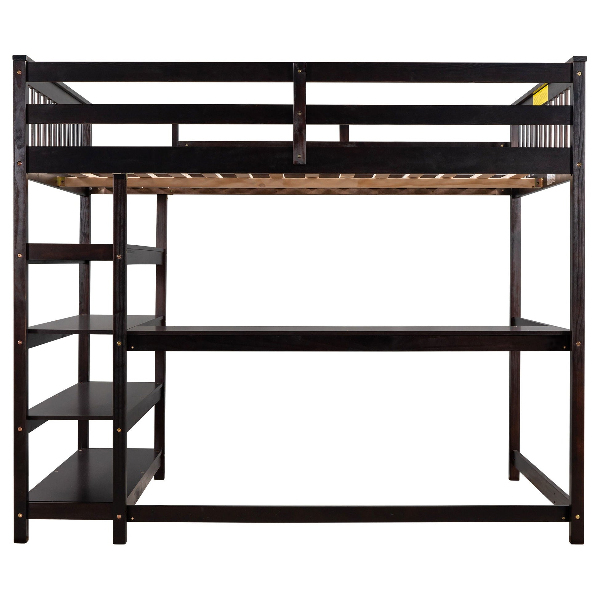Loft bed with storage shelves and under-bed desk in dark wood, left stairs by HouseOfZazla on Tampa Home & Garden Store