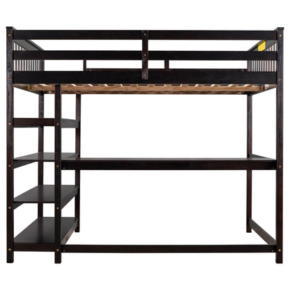 Loft bed with storage shelves and under-bed desk in dark wood, left stairs by HouseOfZazla on Tampa Home & Garden Store