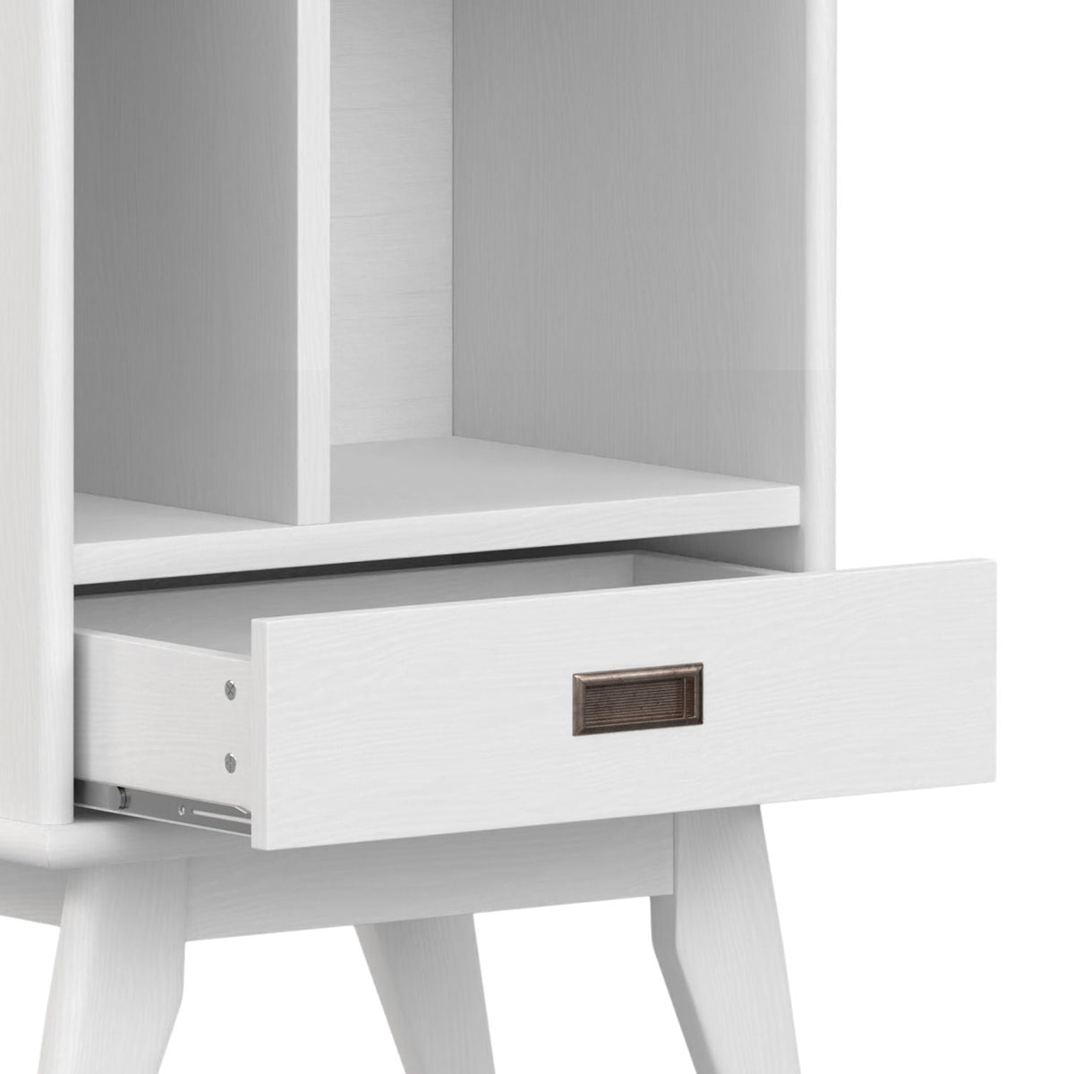 Mid Century Wide Bookcase with storage drawer, white finish, HouseOfZazla on Tampa Home & Garden Store