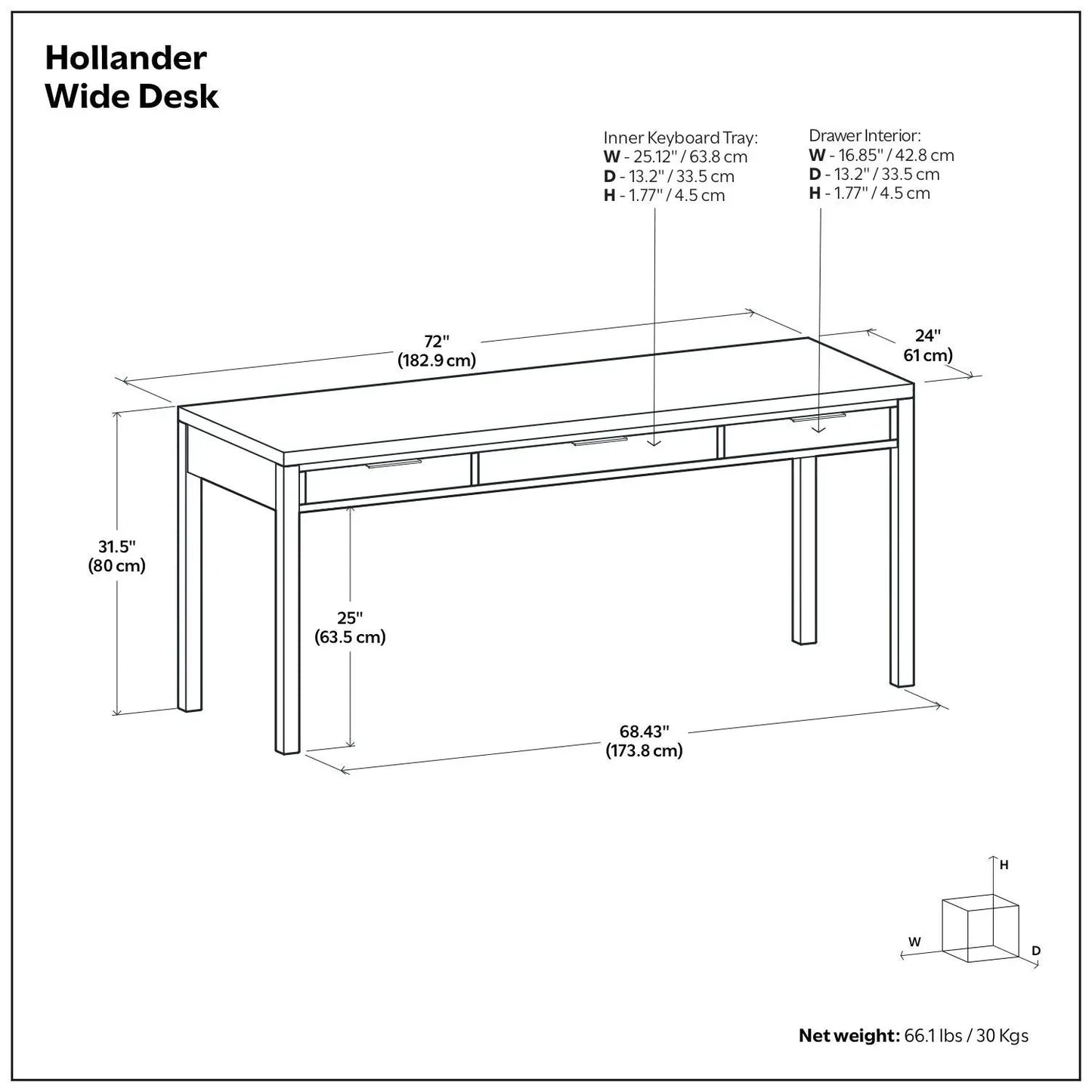 Hollander Wide Desk handcrafted writing desk by Unique Piece Furniture featuring inner keyboard tray and drawer interiors with dimensions shown on Tampa Home & Garden Store