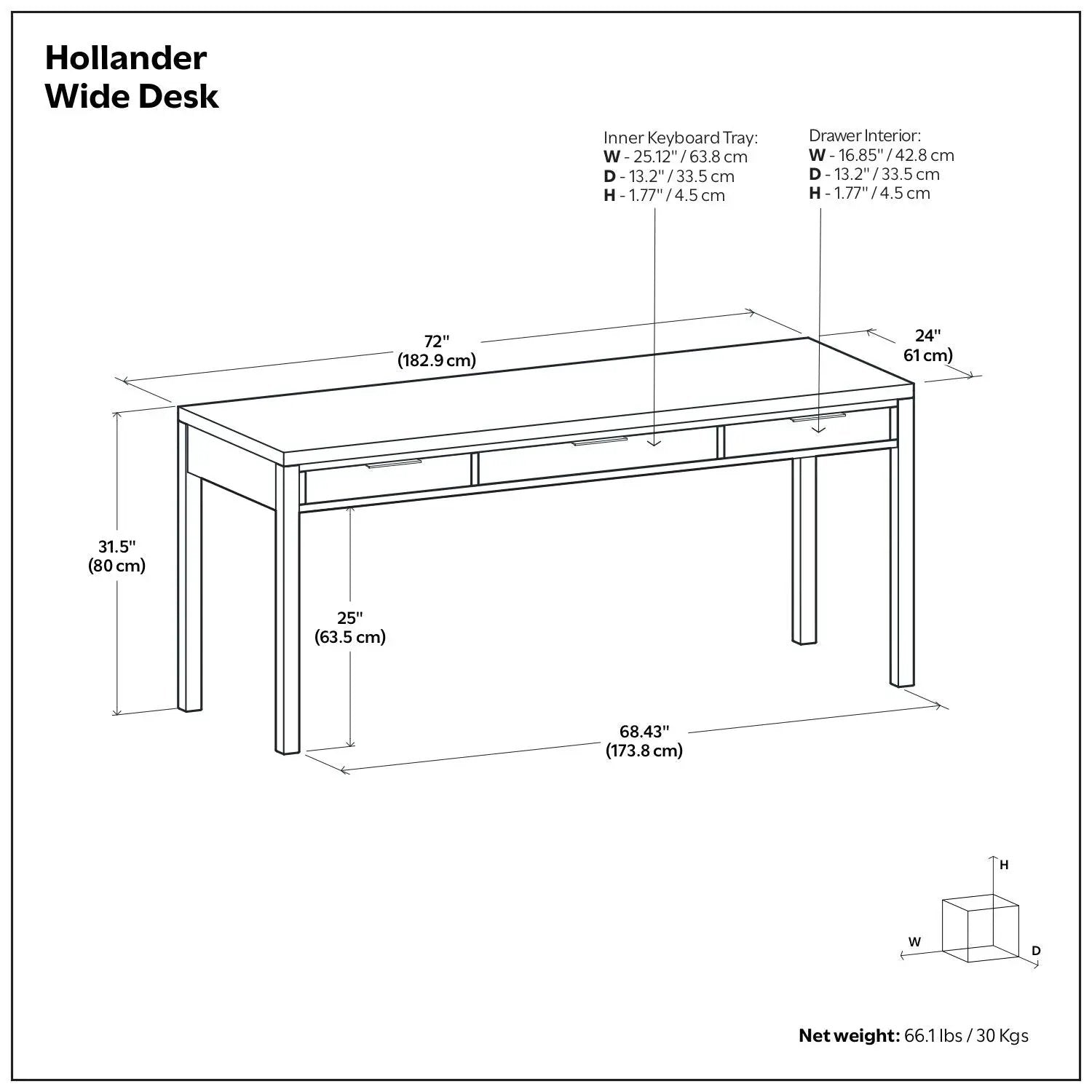 Hollander Wide Desk handcrafted writing desk by Unique Piece Furniture featuring inner keyboard tray and drawer interiors with dimensions shown on Tampa Home & Garden Store