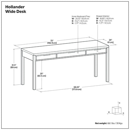Hollander Wide Desk handcrafted writing desk by Unique Piece Furniture featuring inner keyboard tray and drawer interiors with dimensions shown on Tampa Home & Garden Store