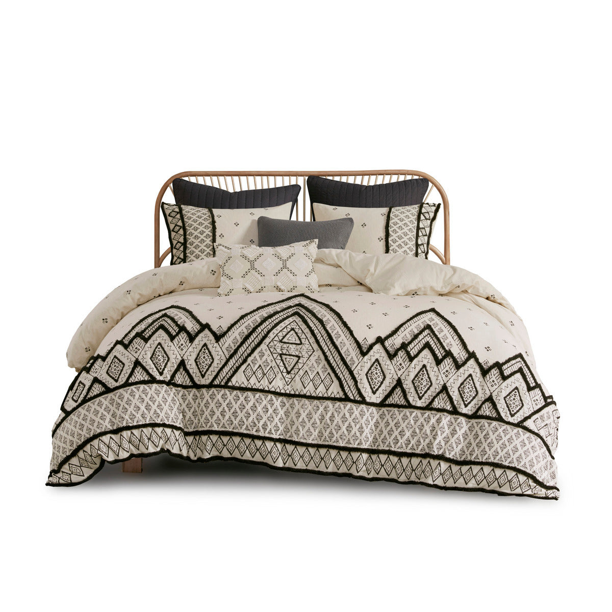 HouseOfZazla Full/Queen Duvet Cover Set in flax and cotton blend with black boho pattern on cream on Tampa Home & Garden Store