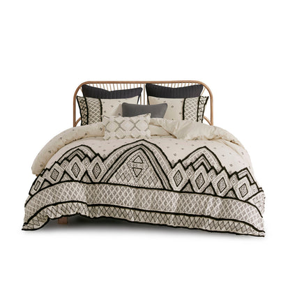 HouseOfZazla Full/Queen Duvet Cover Set in flax and cotton blend with black boho pattern on cream on Tampa Home & Garden Store