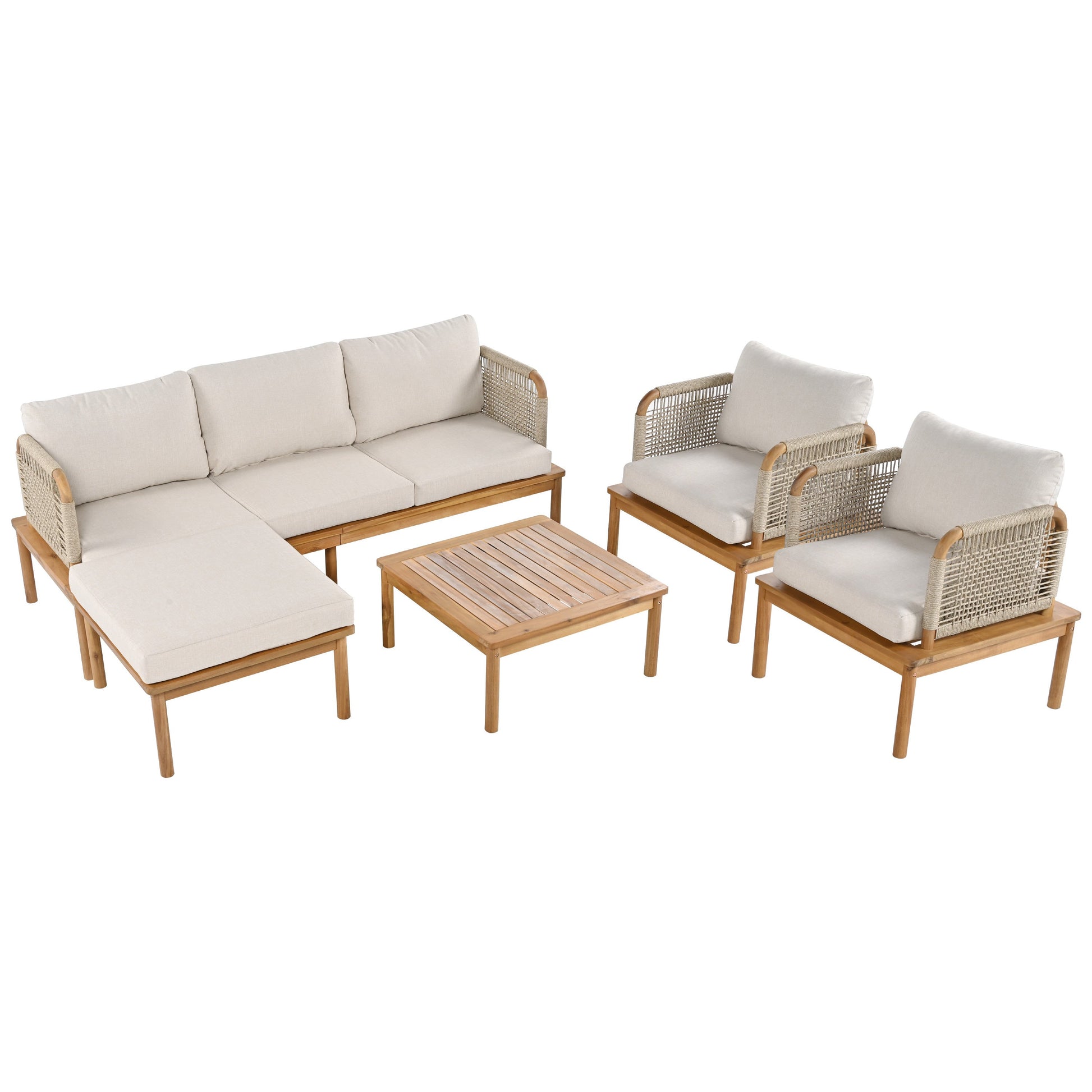 Outdoor 5-piece acacia wood and rope patio set cushions; sofa, 2 chairs, ottoman, table on Tampa Home & Garden Store