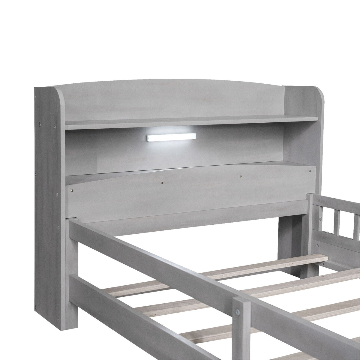HouseOfZazla wood platform bed with built-in LED light, storage headboard and guardrail on Tampa Home & Garden Store
