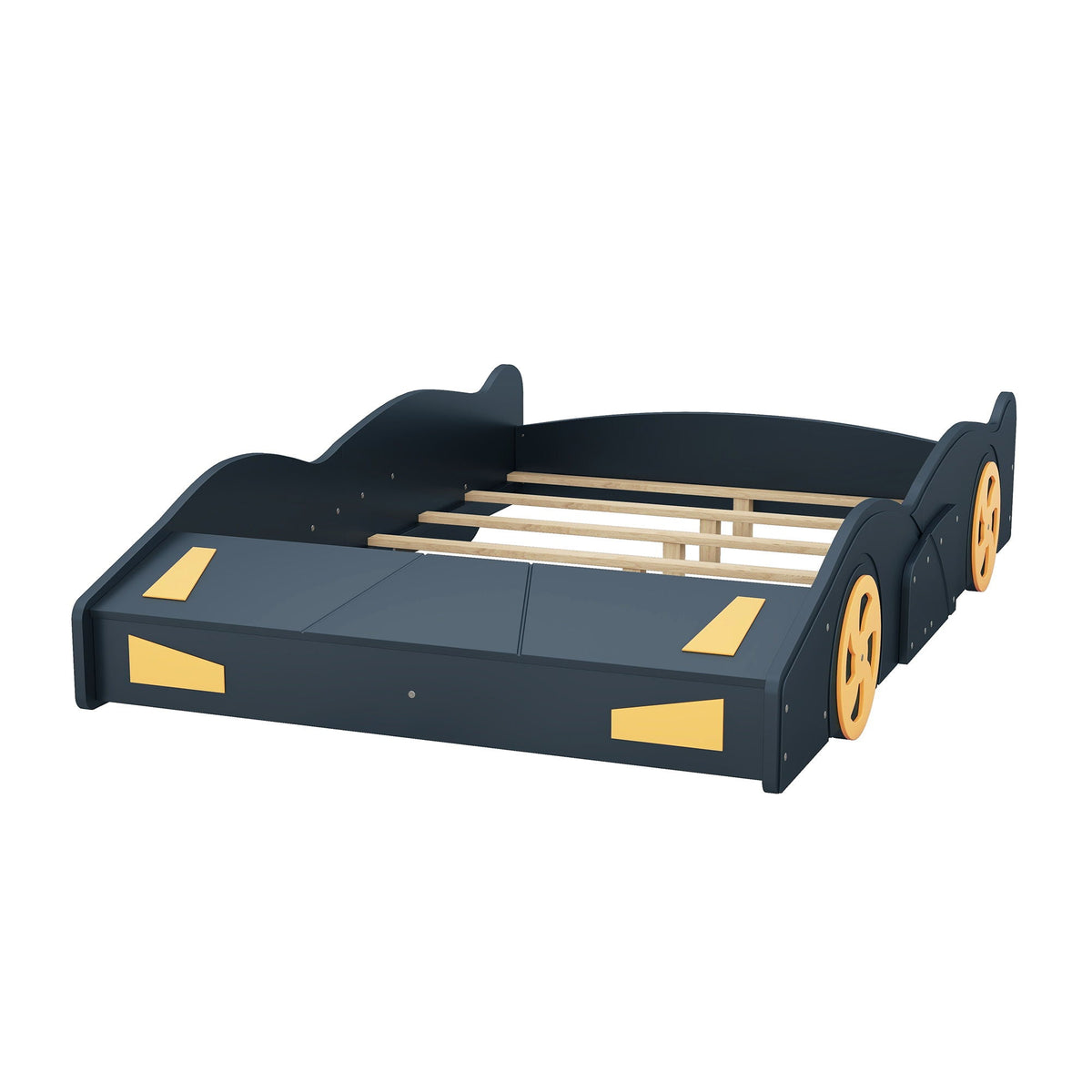 Race car shaped platform bed with wheels and storage, navy frame, yellow accents on Tampa Home & Garden Store
