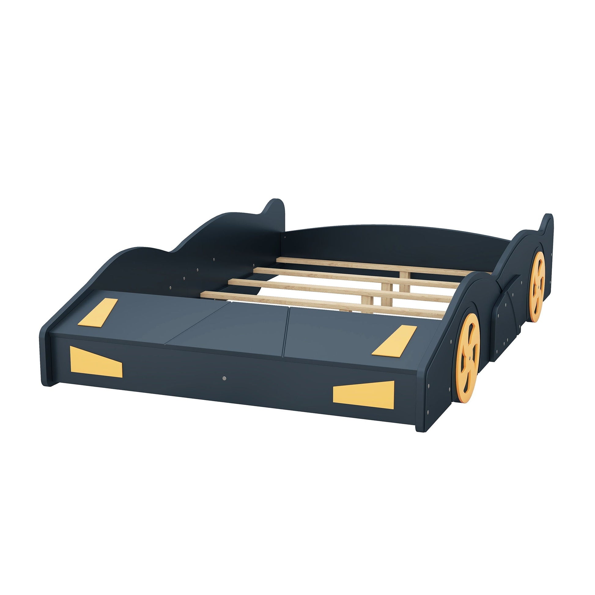 Race car shaped platform bed with wheels and storage, navy frame, yellow accents on Tampa Home & Garden Store