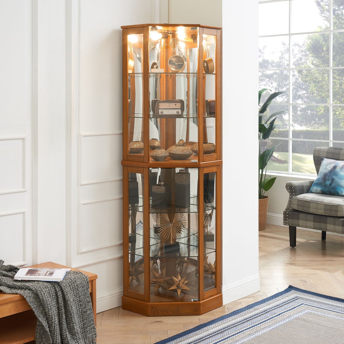 HouseOfZazla 6-shelf corner curio cabinet with lights, mirrors, adjustable shelves on Tampa Home & Garden Store