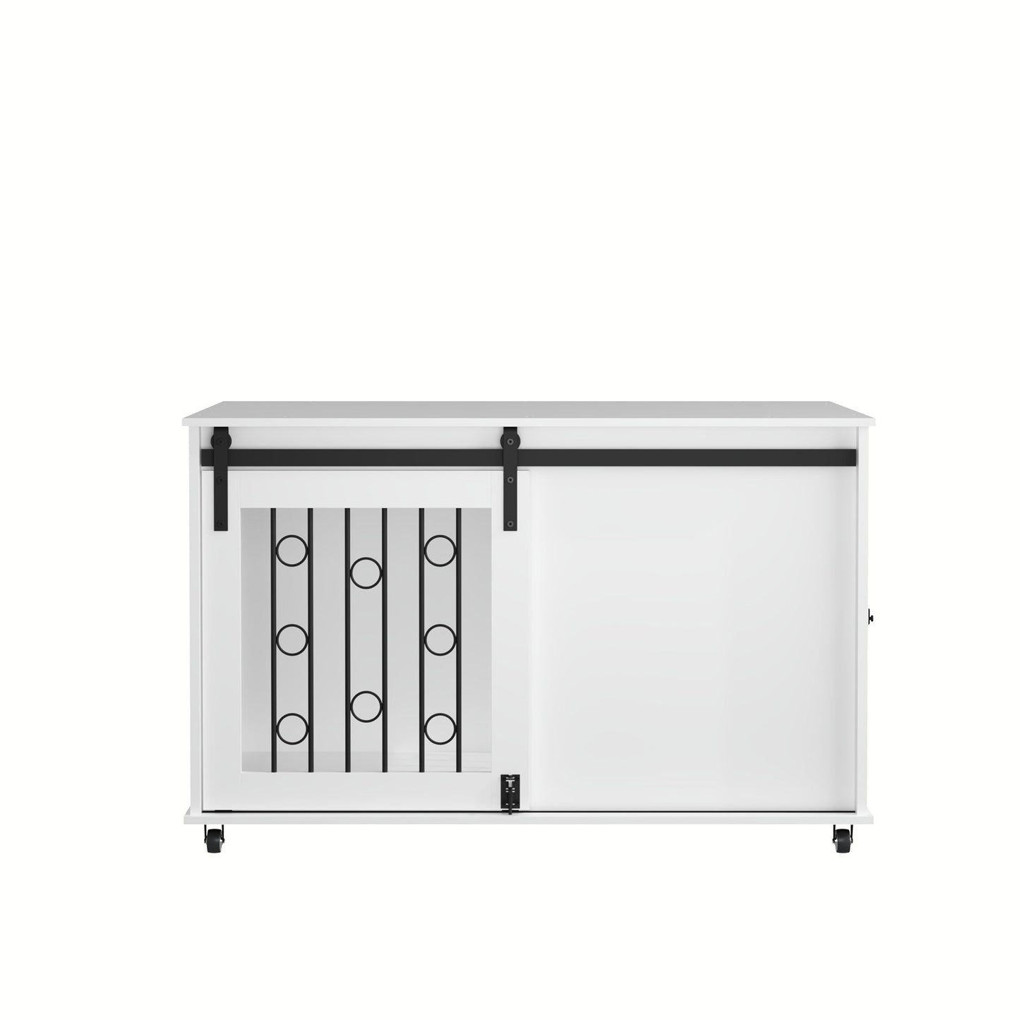 White wooden dog crate with sliding barn door, black metal bars, side access, lockable wheels on Tampa Home & Garden Store