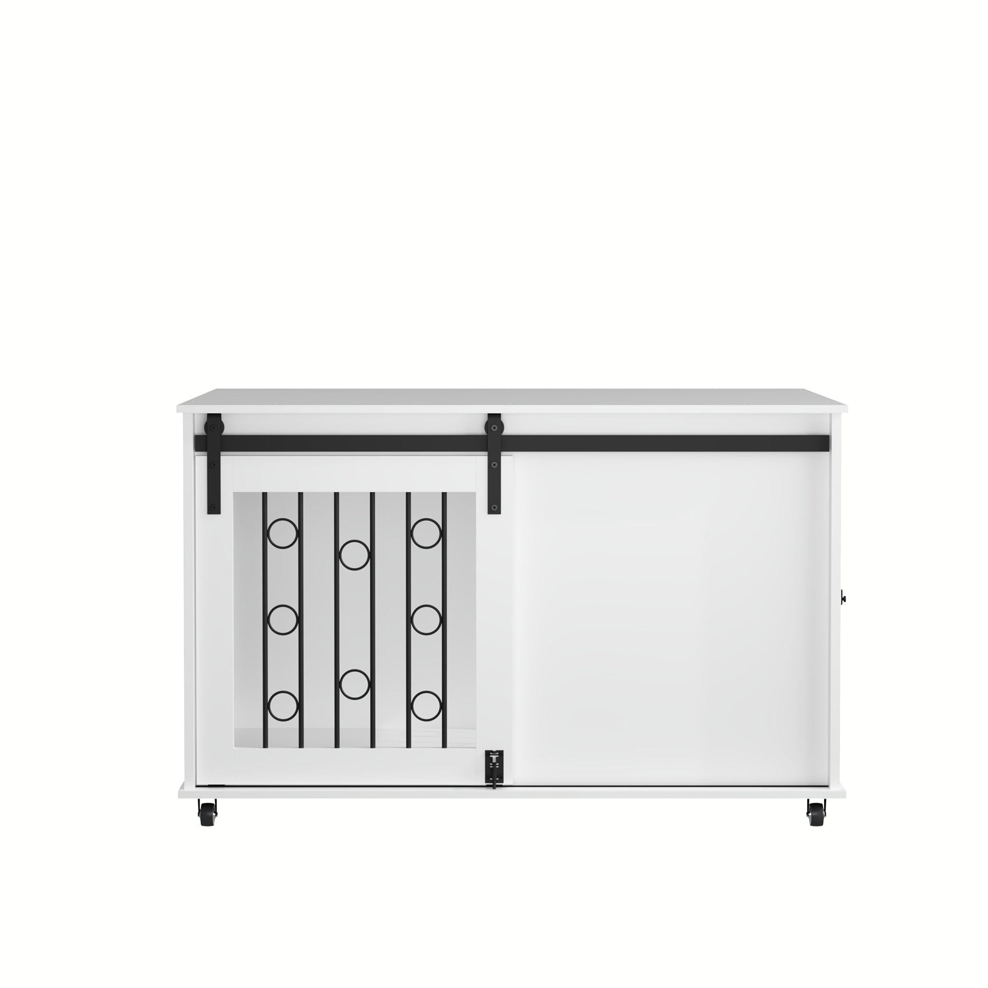 White wooden dog crate with sliding barn door, black metal bars, side access, lockable wheels on Tampa Home & Garden Store