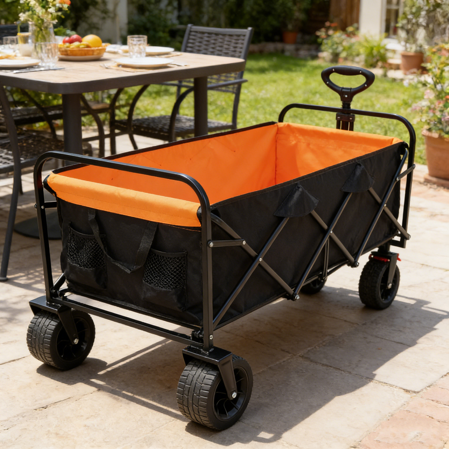 Big Capacity Folding Wagon Cart with Extender black orange outdoor wagon orange interior on Tampa Home & Garden Store