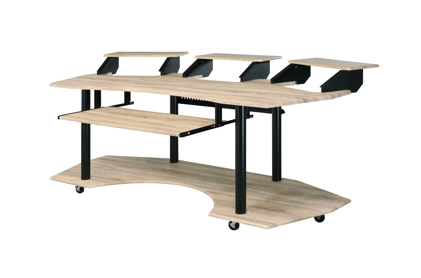 Eleazar wood recording studio desk with three elevated shelves light wood finish, black frame on Tampa Home & Garden Store