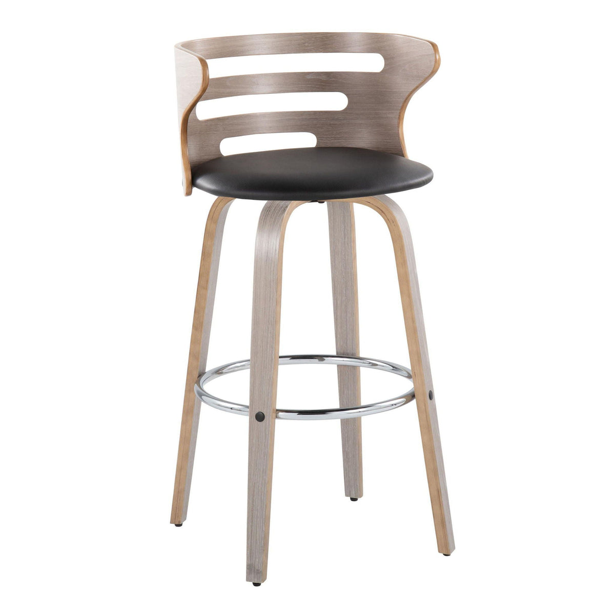 Mid century barstool with curved back, natural wood finish, black seat, swivel and footrest on Tampa Home & Garden Store