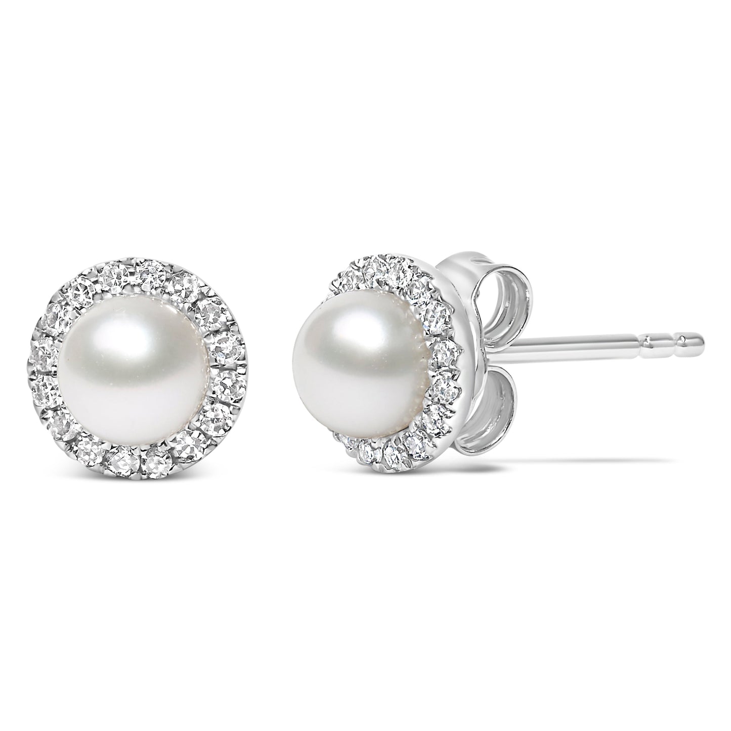 Pair of 10K white gold cultured freshwater pearl halo stud earrings with diamond halo on Tampa Home & Garden Store