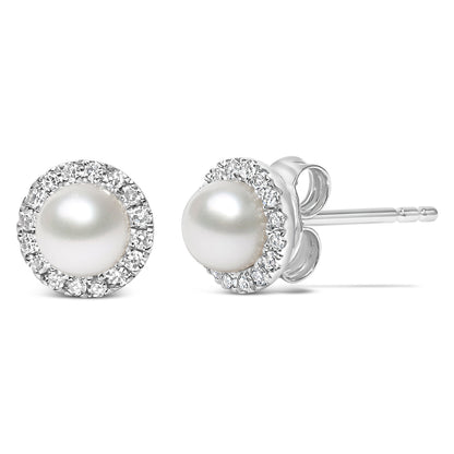 Pair of 10K white gold cultured freshwater pearl halo stud earrings with diamond halo on Tampa Home & Garden Store