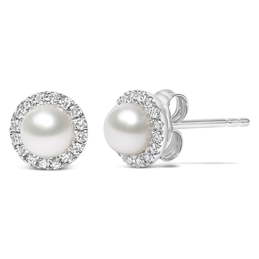 Pair of 10K white gold cultured freshwater pearl halo stud earrings with diamond halo on Tampa Home & Garden Store