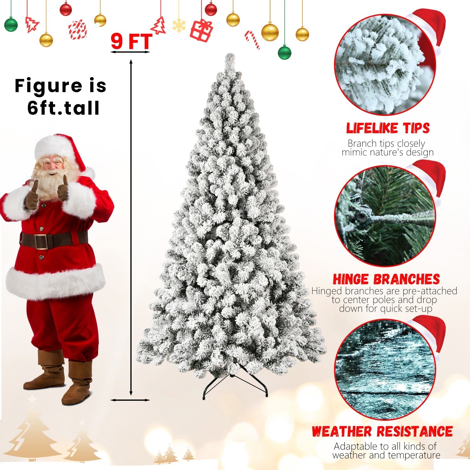 9-Foot Pre-Lit Snow-Flocked Christmas Tree by HouseOfZazla with hinged branches on stand on Tampa Home & Garden Store