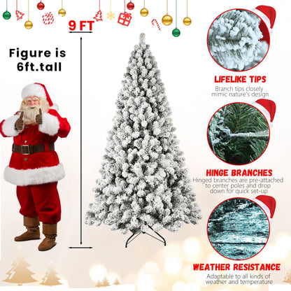 9-Foot Pre-Lit Snow-Flocked Christmas Tree by HouseOfZazla with hinged branches on stand on Tampa Home & Garden Store