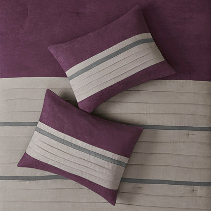7 PC Pieced Faux Suede Comforter Set Purple King with beige striped shams HouseOfZazla on Tampa Home & Garden Store