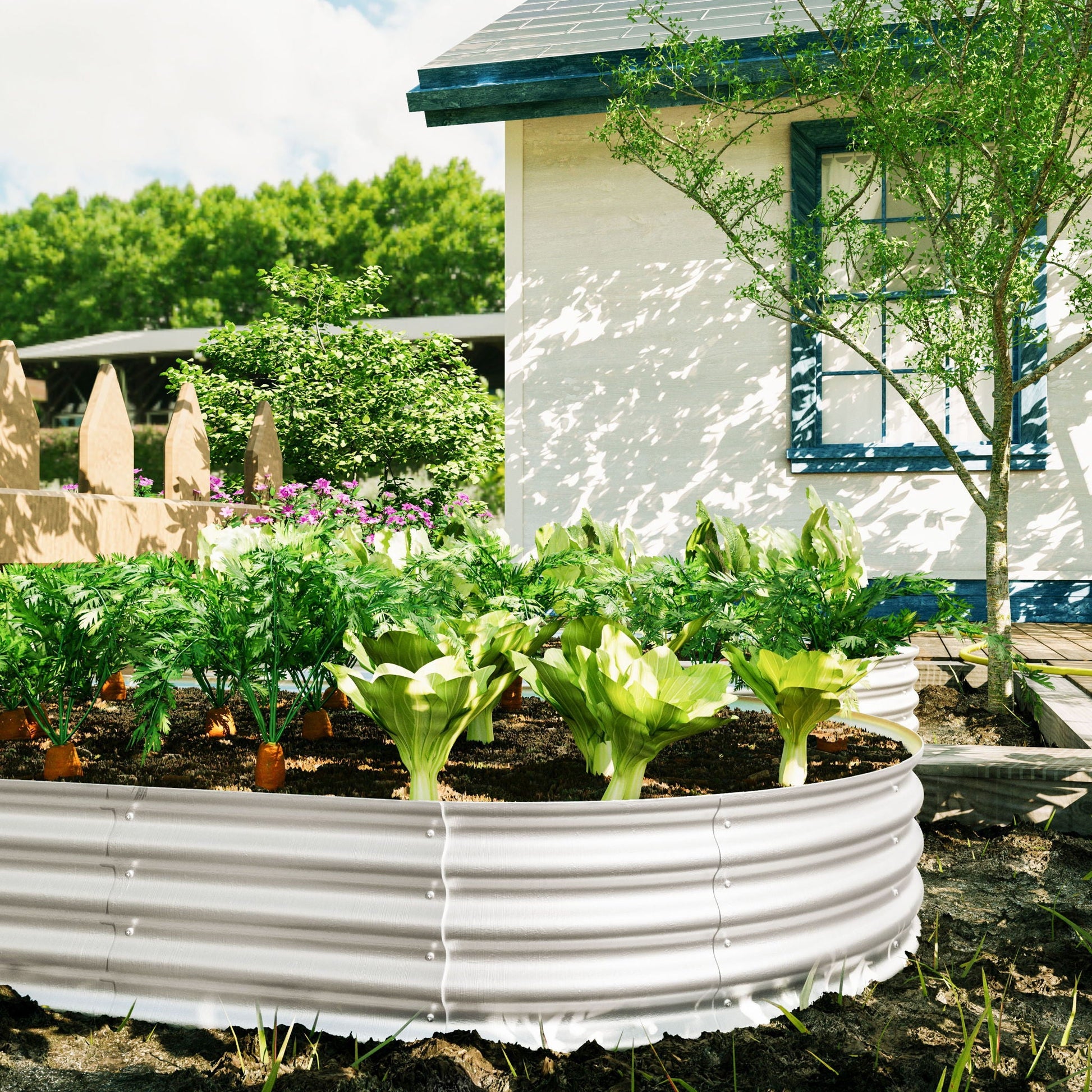 Planter Heavy Duty Galvanized Raised Garden Bed circle with leafy greens on Tampa Home & Garden Store