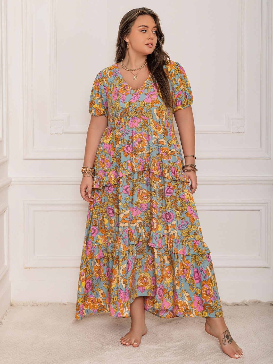 Stevvex Plus Size Printed V-Neck Maxi Dress in pastel floral print with tiered skirt on Tampa Home & Garden Store
