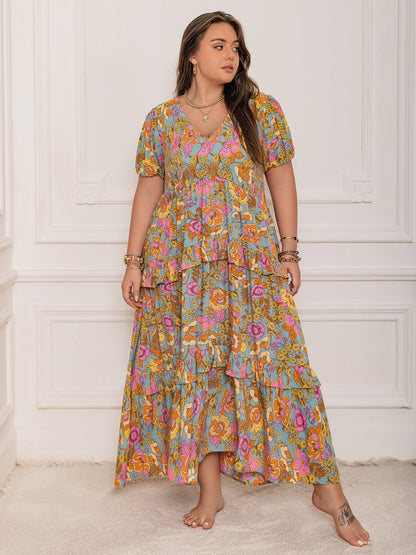 Stevvex Plus Size Printed V-Neck Maxi Dress in pastel floral print with tiered skirt on Tampa Home & Garden Store