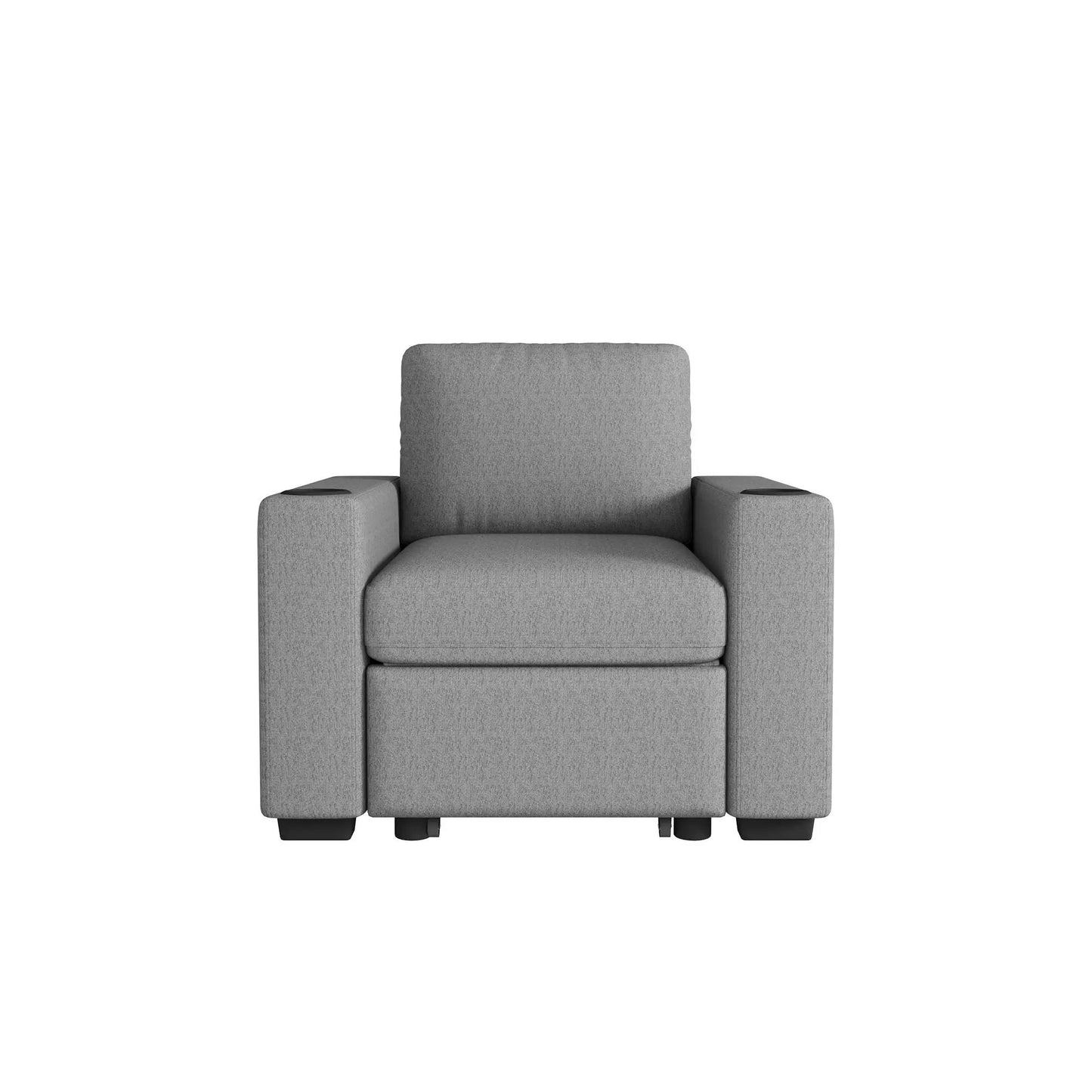Single pull-out sleeper chair in gray fabric with built-in cup holders in the armrests on Tampa Home & Garden Store