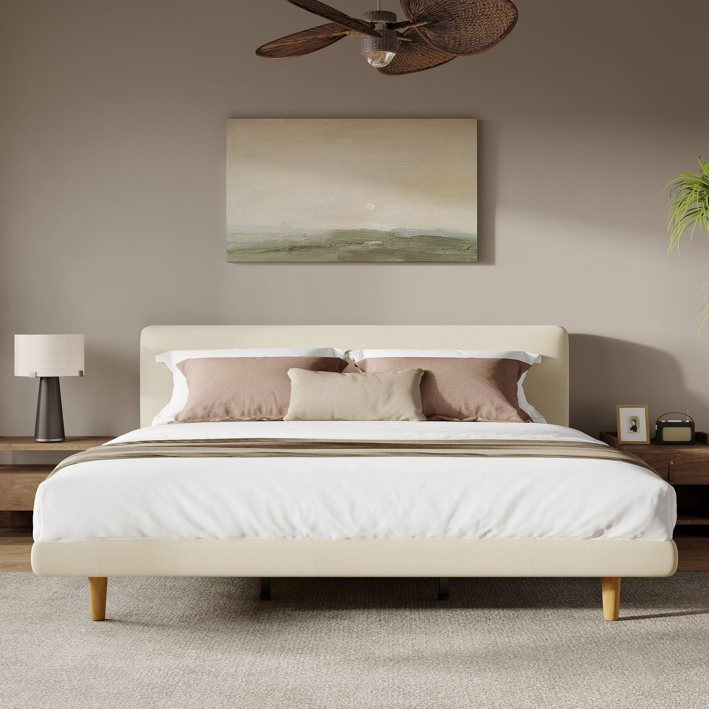 Beige Chunky Upholstered Headboard Cal King Bed