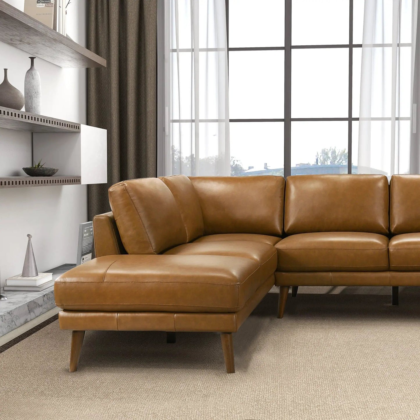 Benson Sectional Sofa With Chaise by Unique Piece Furniture, tan leather stationary on Tampa Home & Garden Store