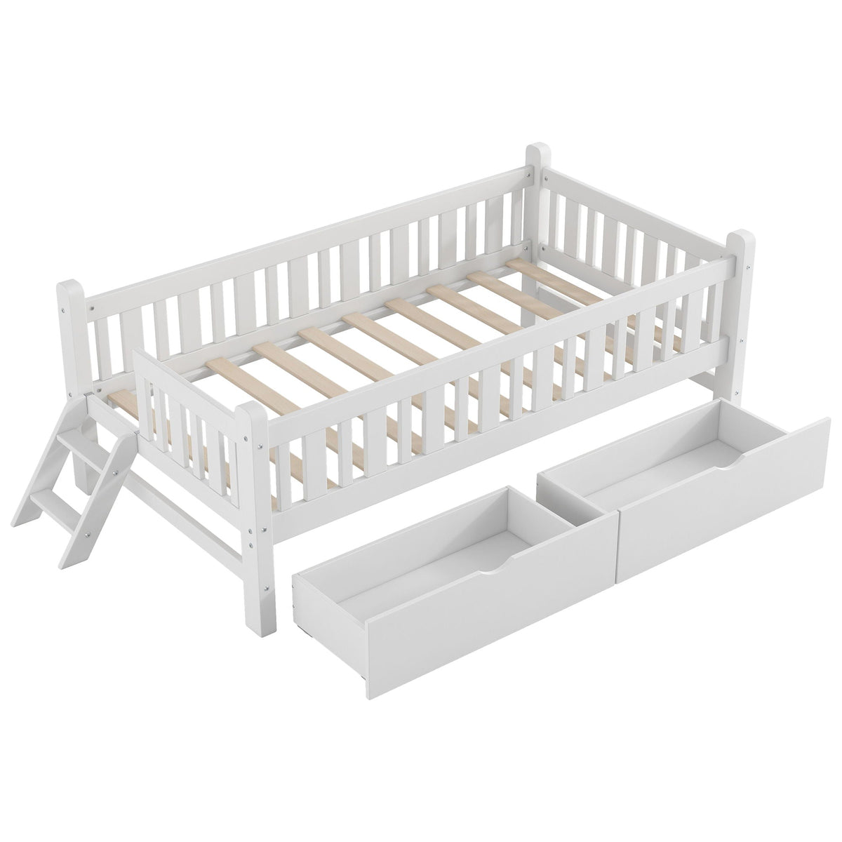 Platform bed with guardrails and 2 under-bed drawers, white wood on Tampa Home & Garden Store
