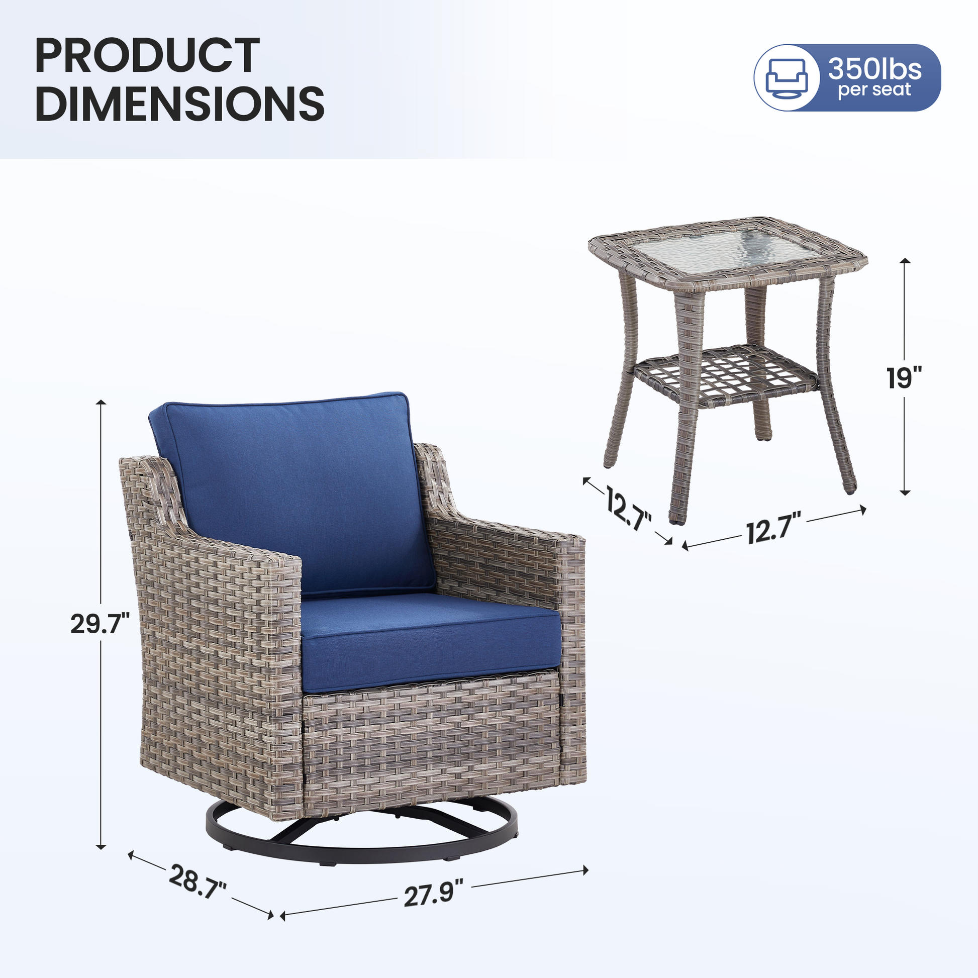 Swivel outdoor chairs 2-piece with glass side table; blue cushions, wicker rattan HouseOfZazla on Tampa Home & Garden Store