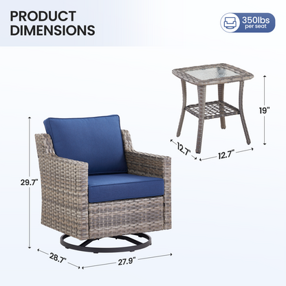Swivel outdoor chairs 2-piece with glass side table; blue cushions, wicker rattan HouseOfZazla on Tampa Home & Garden Store