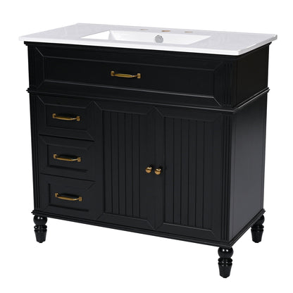 Bathroom vanity with sink and drawers black solid wood cabinet white countertop brass handles on Tampa Home & Garden Store