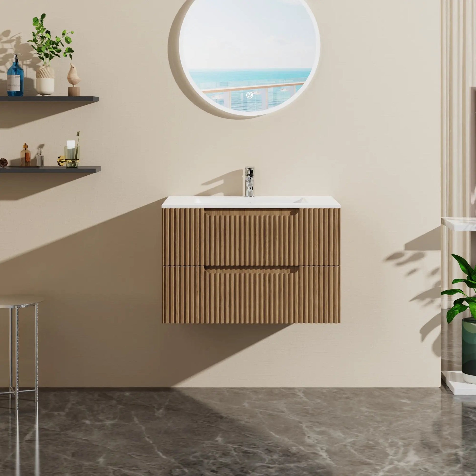 Walnut 30in wall-mounted bathroom vanity with sink, soft-close drawers, and ample storage on Tampa Home & Garden Store