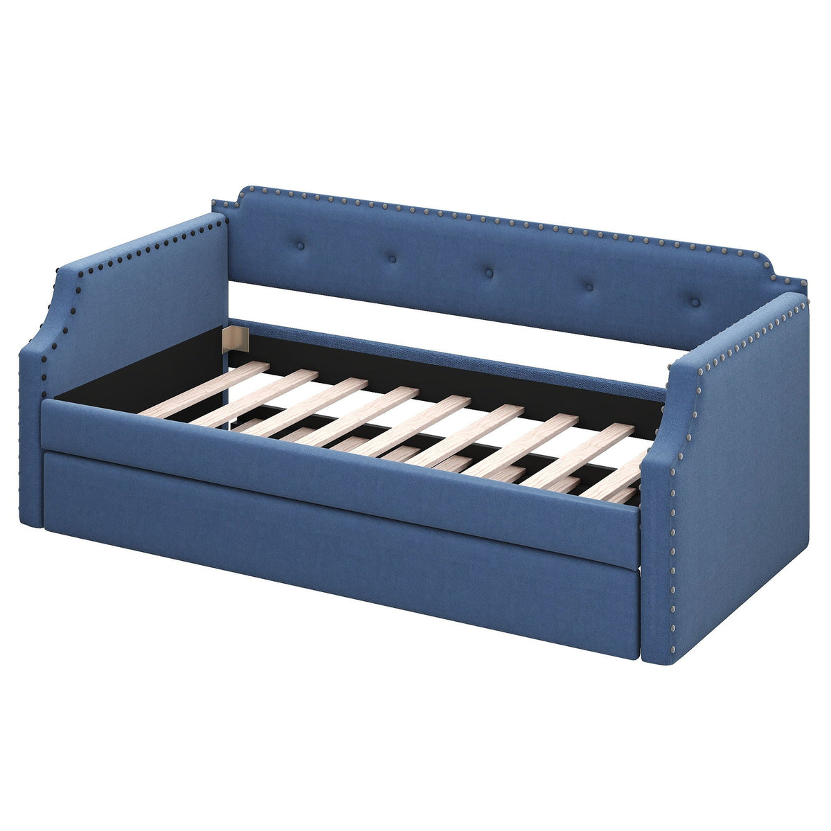 Upholstered Daybed With Trundle in blue fabric with nailhead trim and tufted back, wood slats, HouseOfZazla on Tampa Home & Garden Store