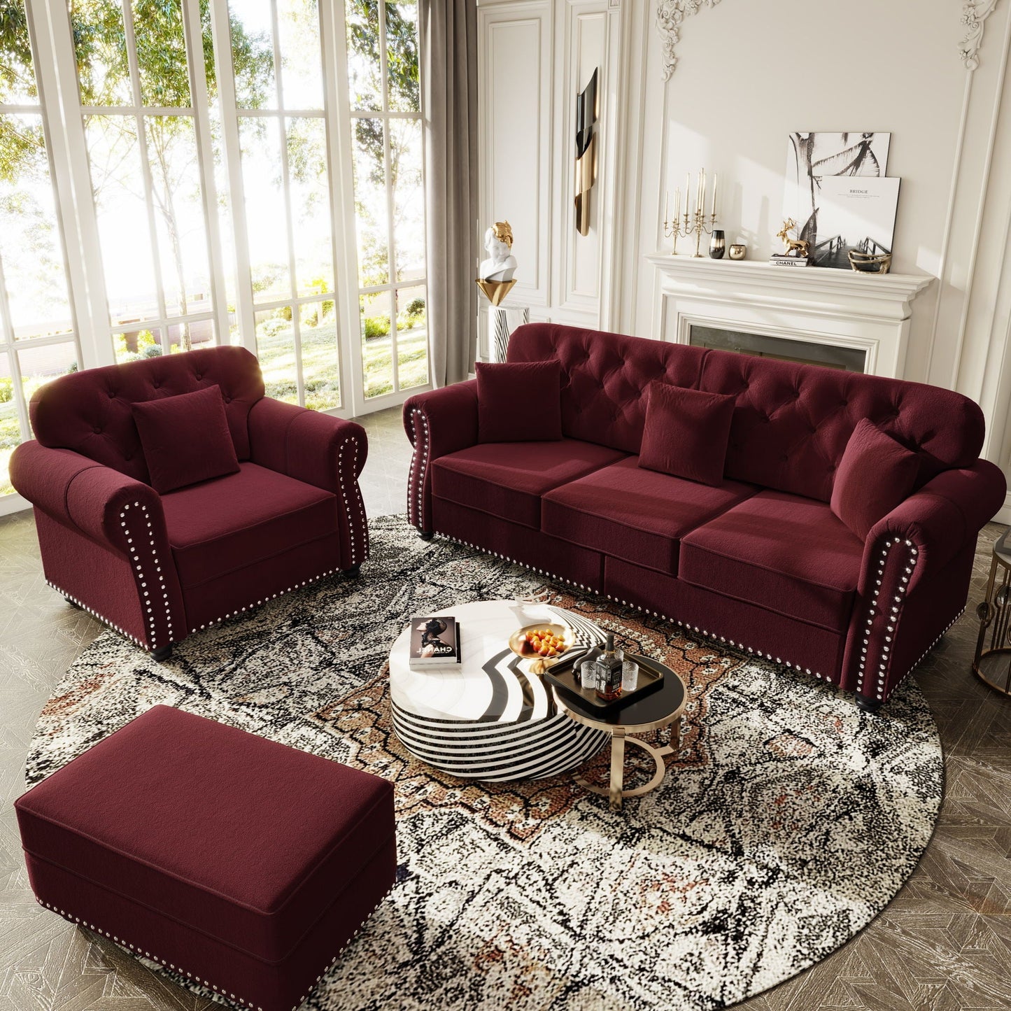 Upholstered Sofa Set with Nailhead and Pillows